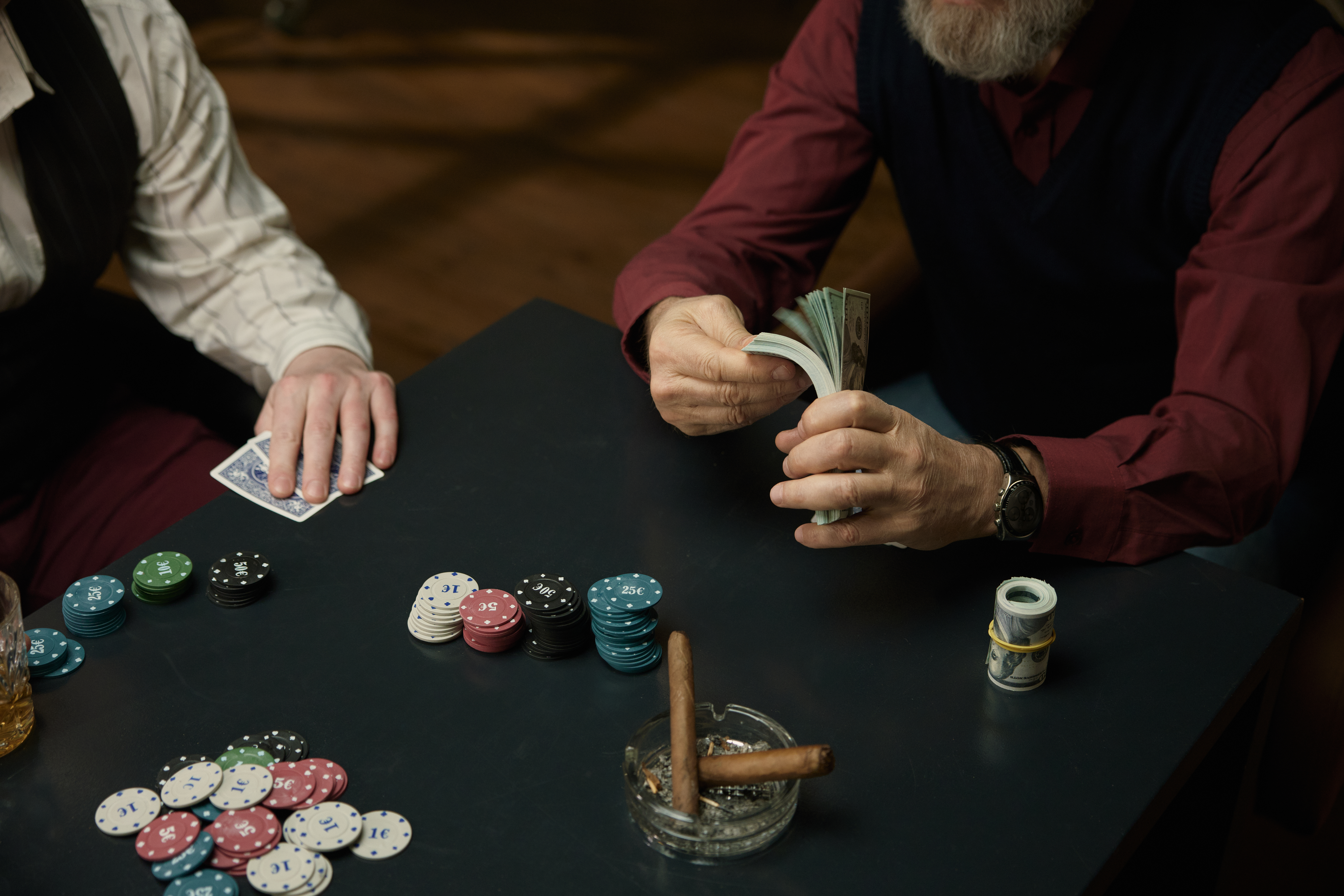 An intense poker game featuring chips, thrilling and excitement